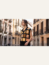 Crochet Vest — Black Gold Tan, street