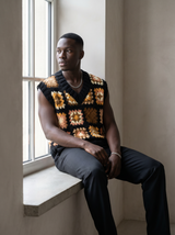 Crochet Vest — Black Gold Tan, styled