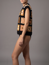 Crochet Vest — Black Gold Tan, three-quarter