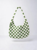 Tığ İşi Tote Çanta — Yeşil Beyaz Dama | Ana product shot