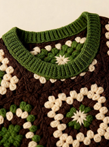 Yelek — Kahve Yeşil Granny Desenli, macro detay
