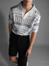Crochet Polo — Blue White Stripe, three-quarter