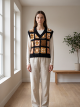 Crochet Vest — Black Gold Tan, styled
