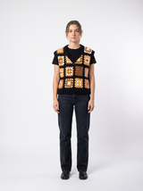 Crochet Vest — Black Gold Tan, front