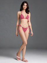 Tığ İşi Bikini — Pembe Kırmızı Dama | üç çeyrek görünüm