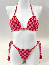Tığ İşi Bikini — Pembe Kırmızı Dama | ürün tek başına