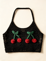 Tığ İşi Crop Üst — Siyah Kiraz Desenli, motif detay görseli