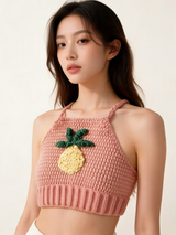 Tığ İşi Crop Üst — Pembe Ananas Desenli, üç çeyrek model görünümü